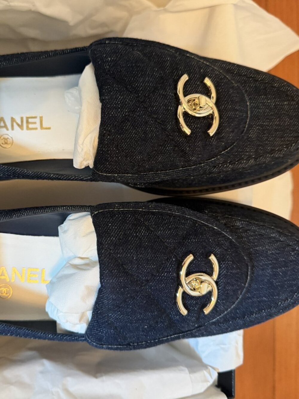 CHANEL Quilted Tab Denim Loafers Size 39.5